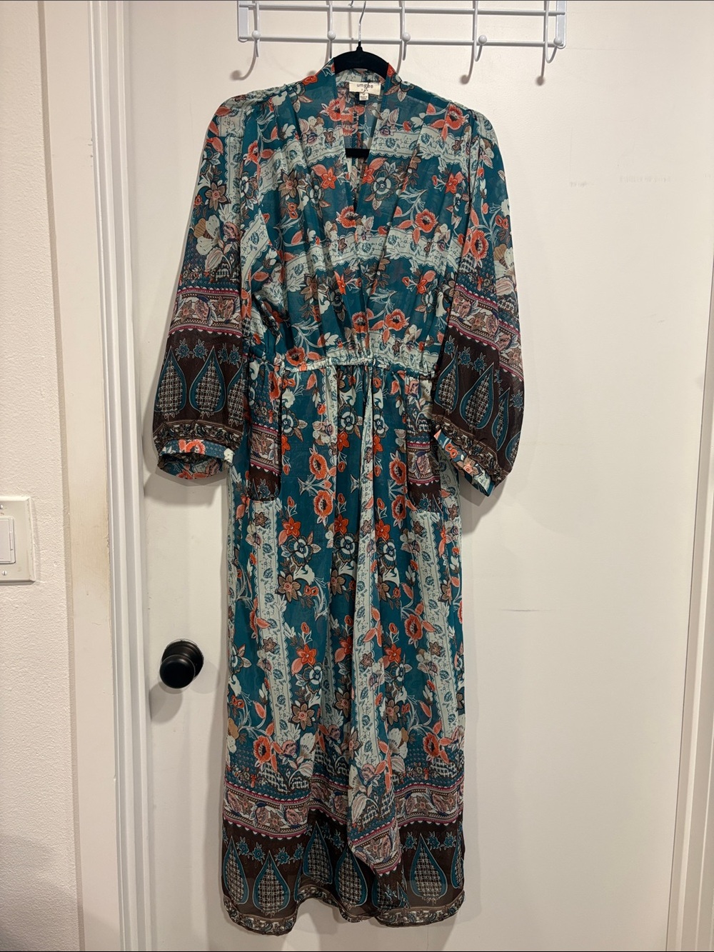 Umgee Teal Floral Boho Maxi Kimono Duster Size Medium - Picture 6 of 12